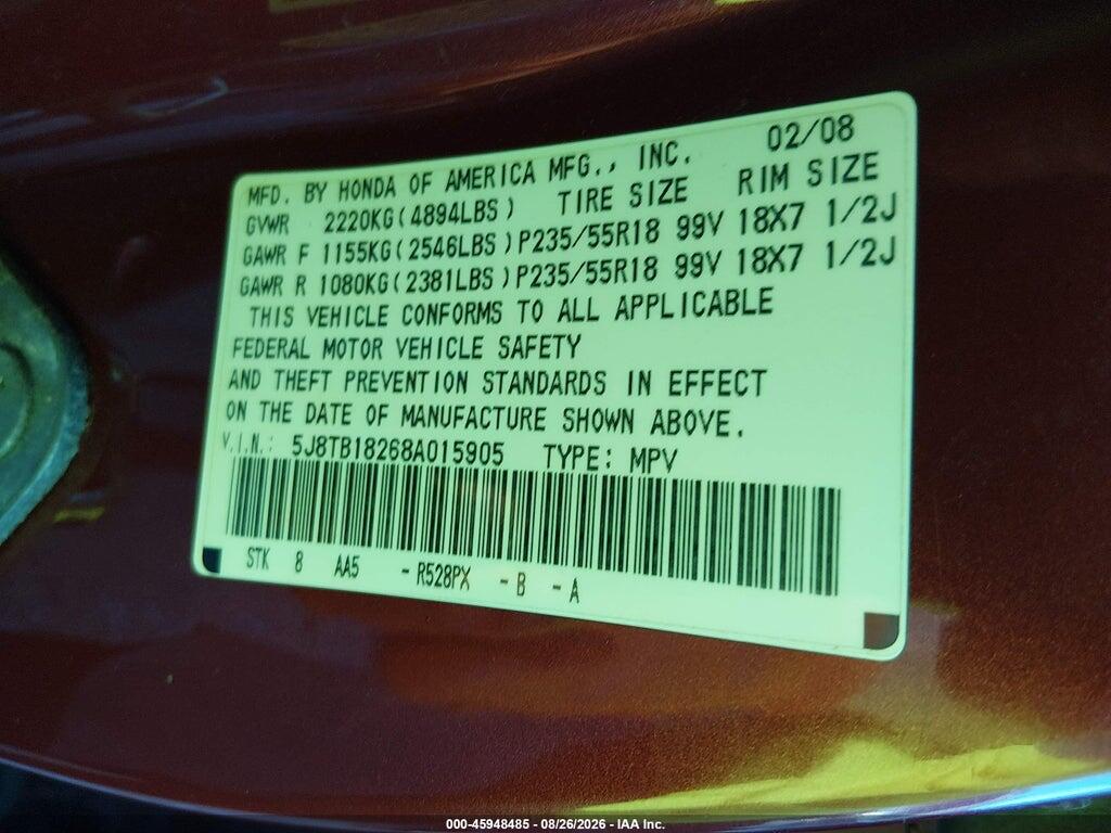 5J8TB18268A015905 2008 ACURA RDX photo no. 9