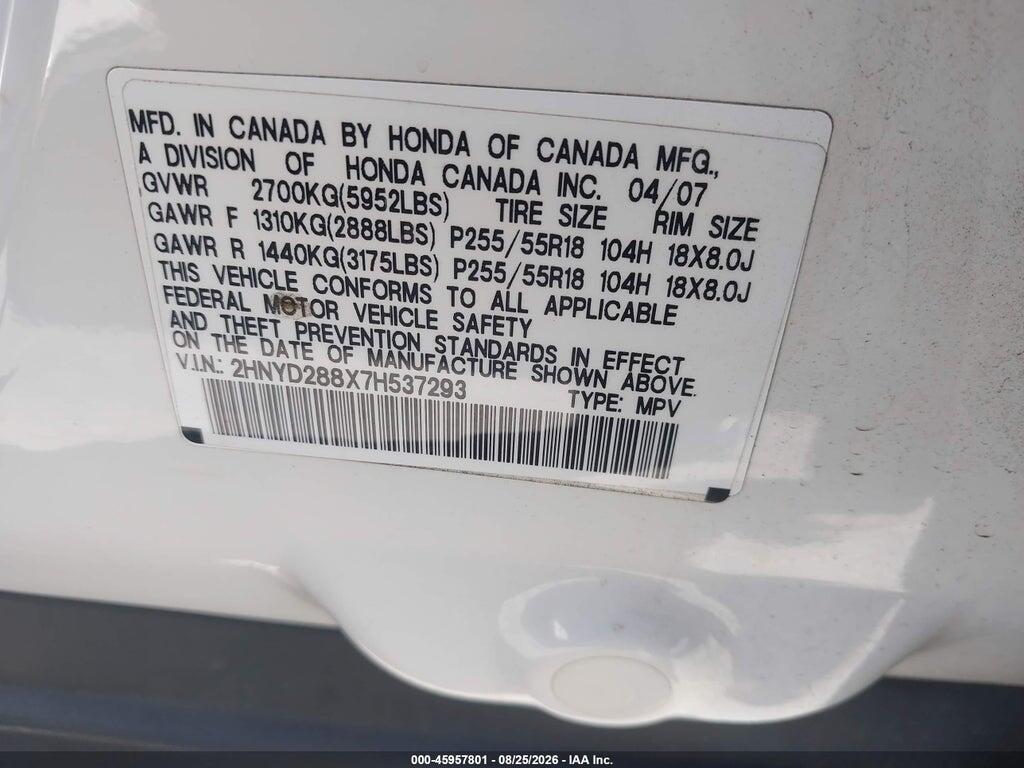 2HNYD288X7H537293 2007 ACURA MDX photo no. 9
