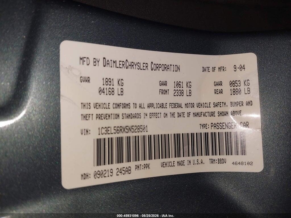 1C3EL56RX5N528501 2005 CHRYSLER SEBRING photo no. 9
