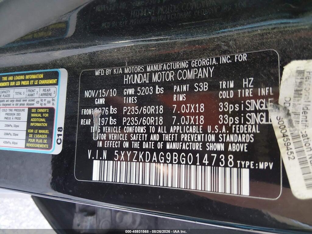 5XYZKDAG9BG014738 2011 HYUNDAI SANTA FE photo no. 9