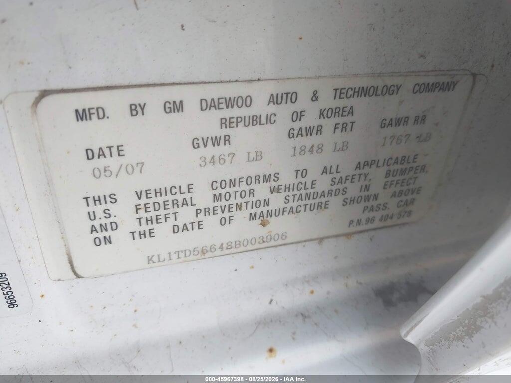 KL1TD56648B003906 2008 CHEVROLET AVEO photo no. 9