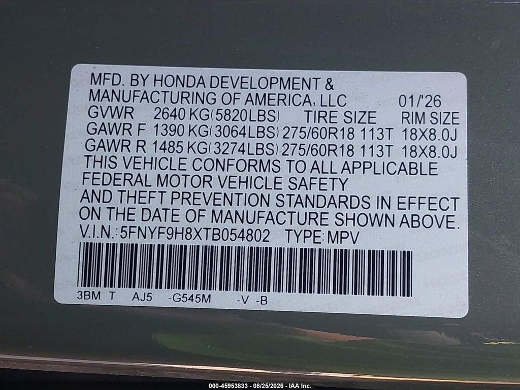 5FNYF9H8XTB054802 2026 HONDA PASSPORT photo no. 9
