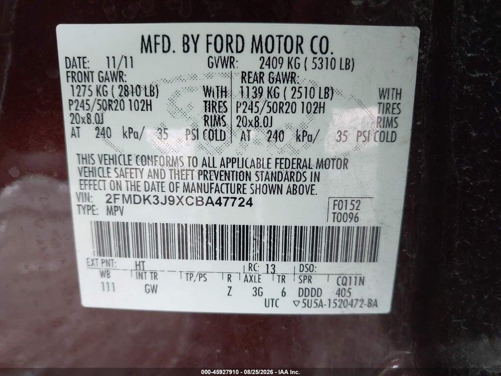 2FMDK3J9XCBA47724 2012 FORD EDGE photo no. 9