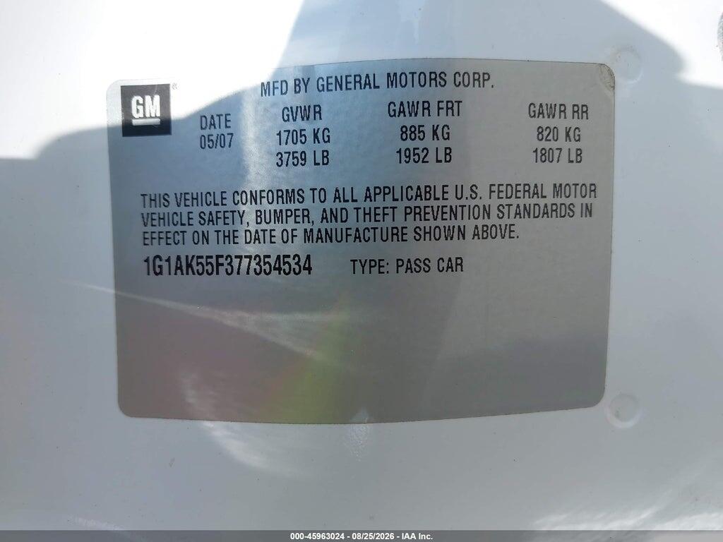 1G1AK55F377354534 2007 CHEVROLET COBALT photo no. 9