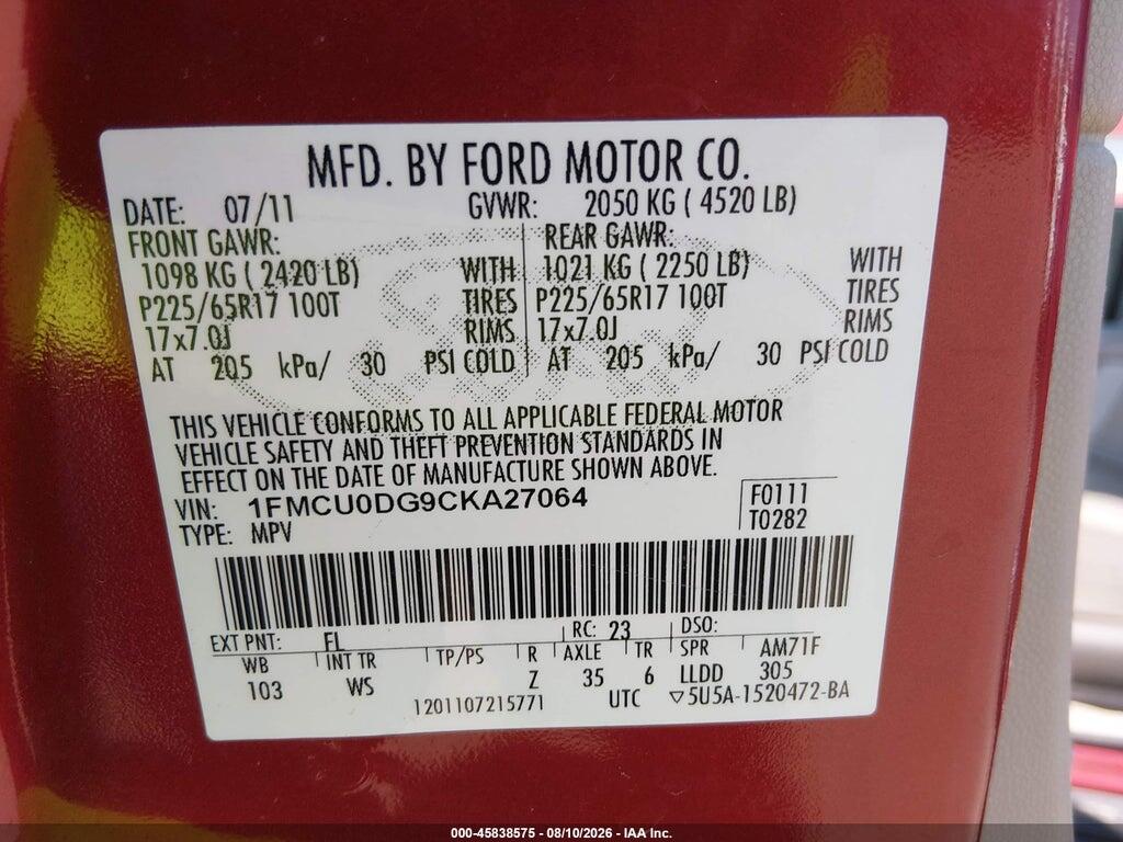 1FMCU0DG9CKA27064 2012 FORD ESCAPE photo no. 9
