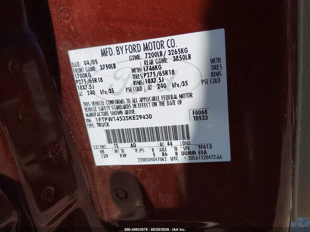 1FTPW14535KE29430 2005 FORD F-150 photo no. 9