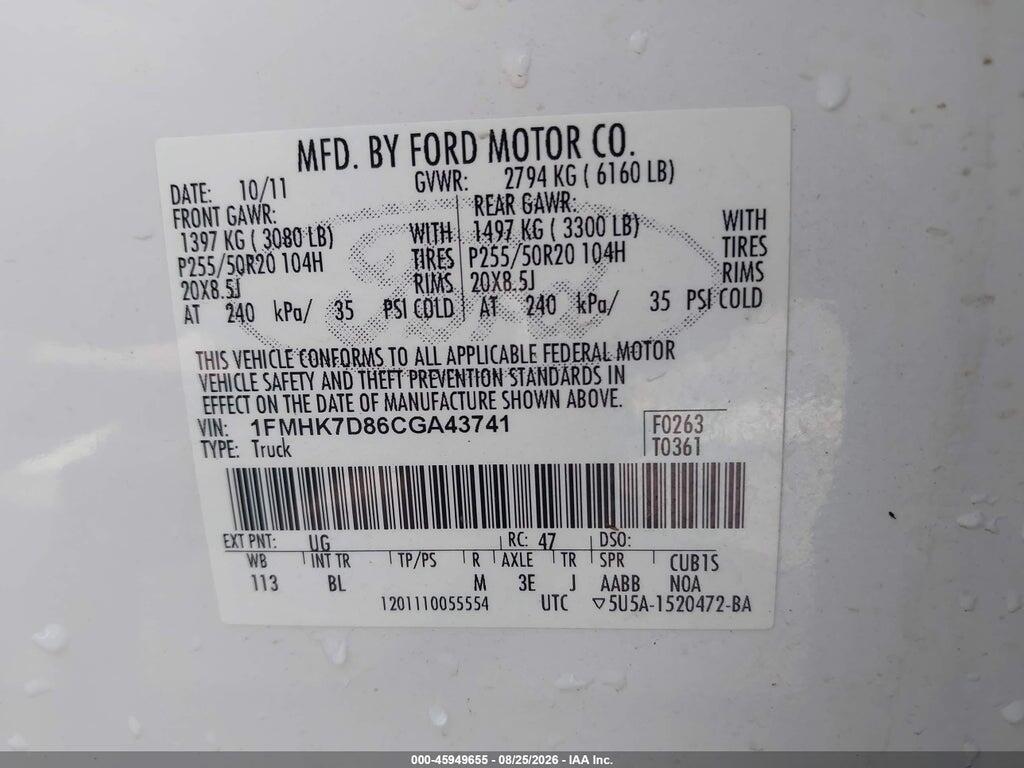 1FMHK7D86CGA43741 2012 FORD EXPLORER photo no. 9