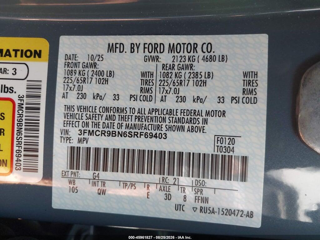 3FMCR9BN6SRF69403 2025 FORD BRONCO SPORT photo no. 9