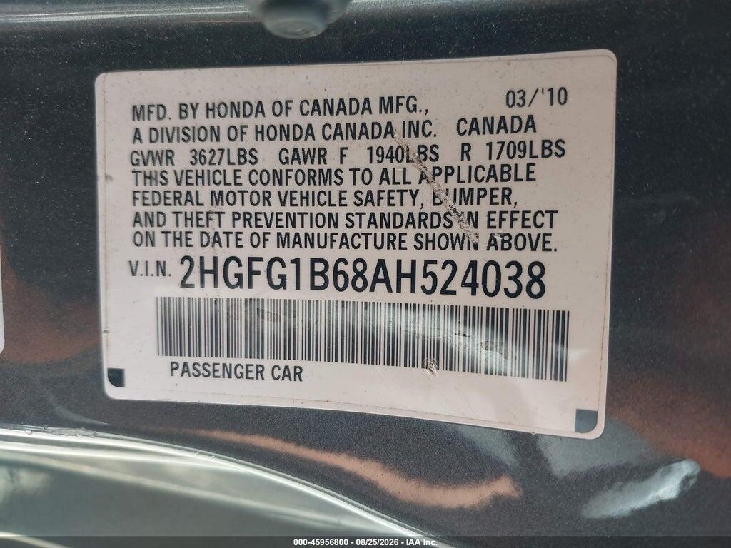 2HGFG1B68AH524038 2010 HONDA CIVIC photo no. 9
