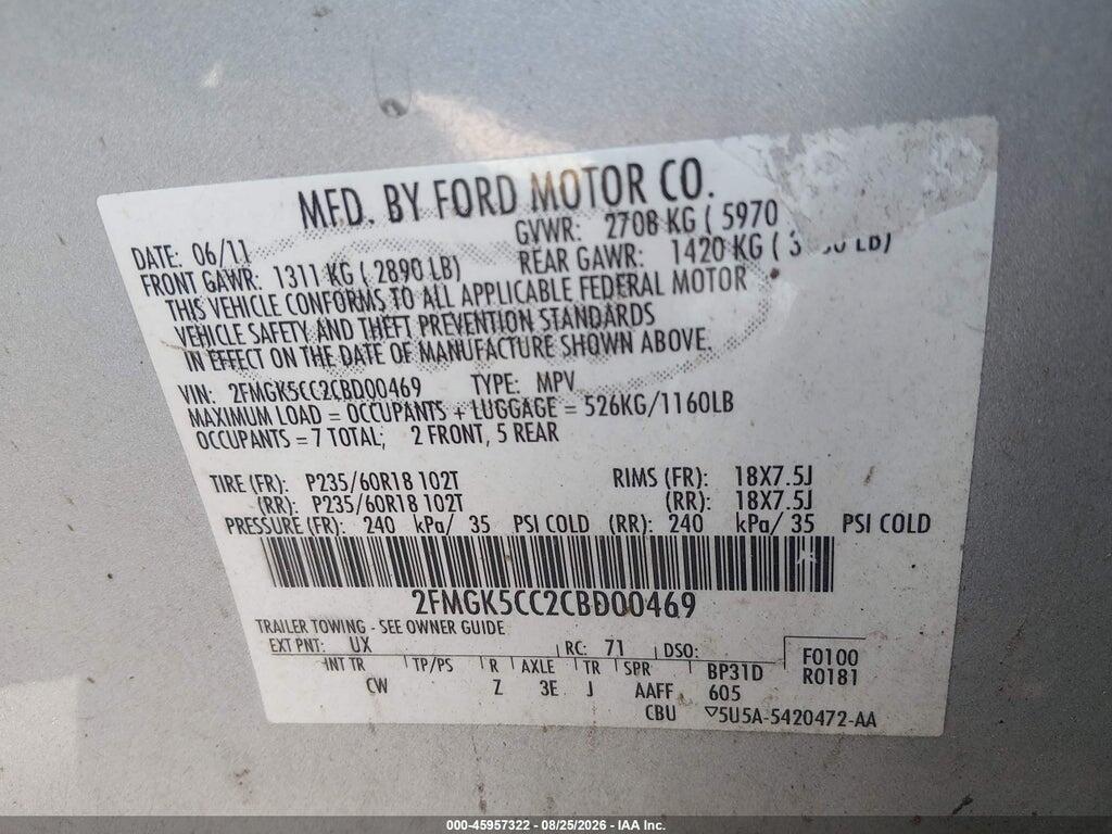 2FMGK5CC2CBD00469 2012 FORD FLEX photo no. 9