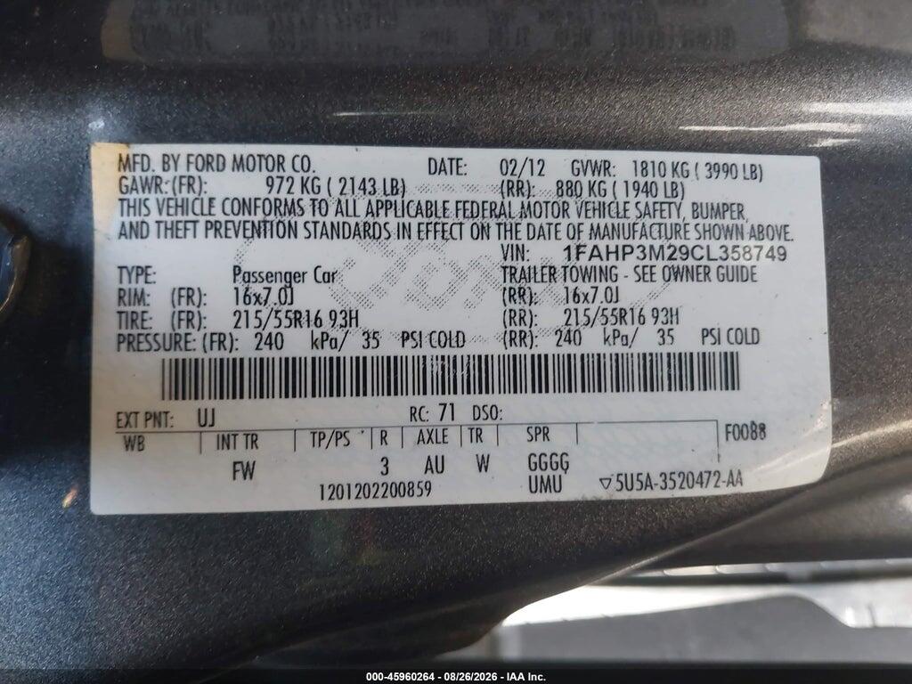 1FAHP3M29CL358749 2012 FORD FOCUS photo no. 9