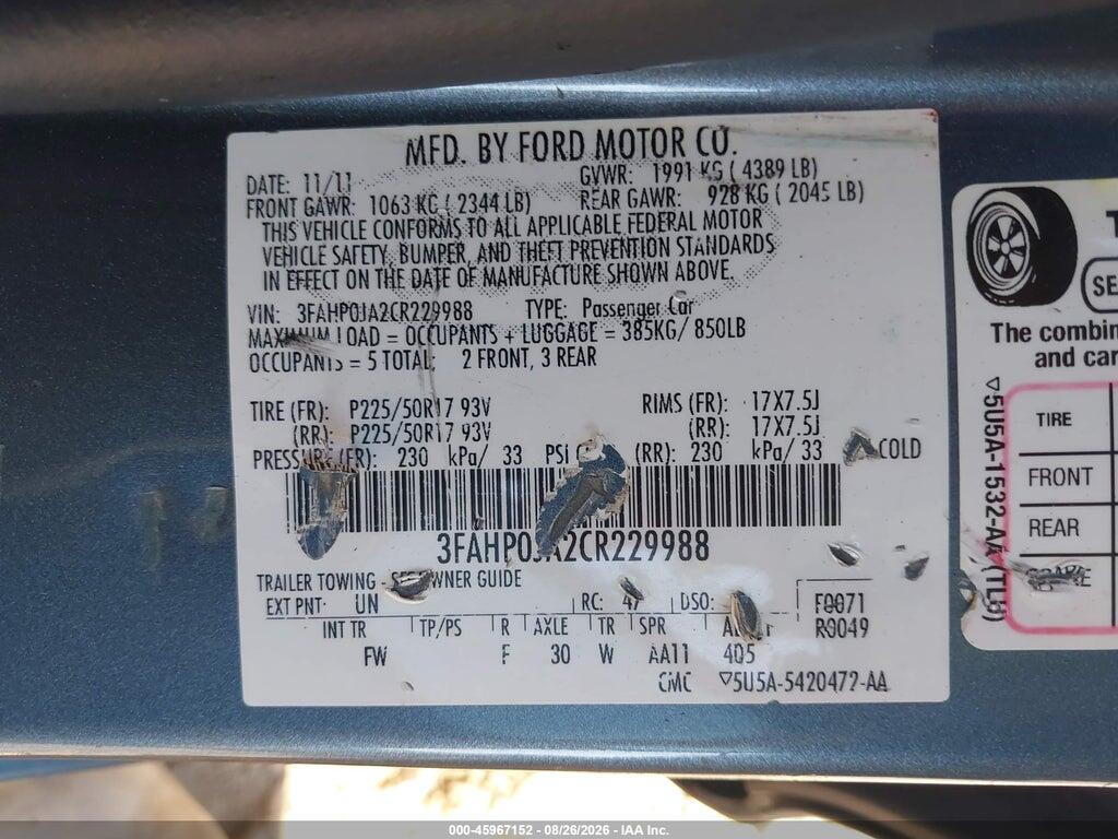 3FAHP0JA2CR229988 2012 FORD FUSION photo no. 9