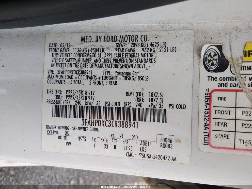 3FAHP0KC3CR388941 2012 FORD FUSION photo no. 9