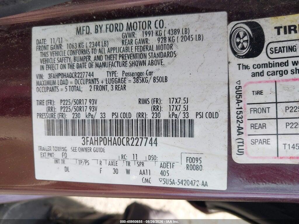 3FAHP0HA0CR227744 2012 FORD FUSION photo no. 9