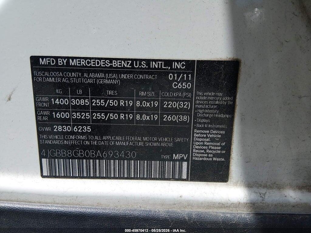 4JGBB8GB0BA693430 2011 MERCEDES-BENZ ML 350 photo no. 9