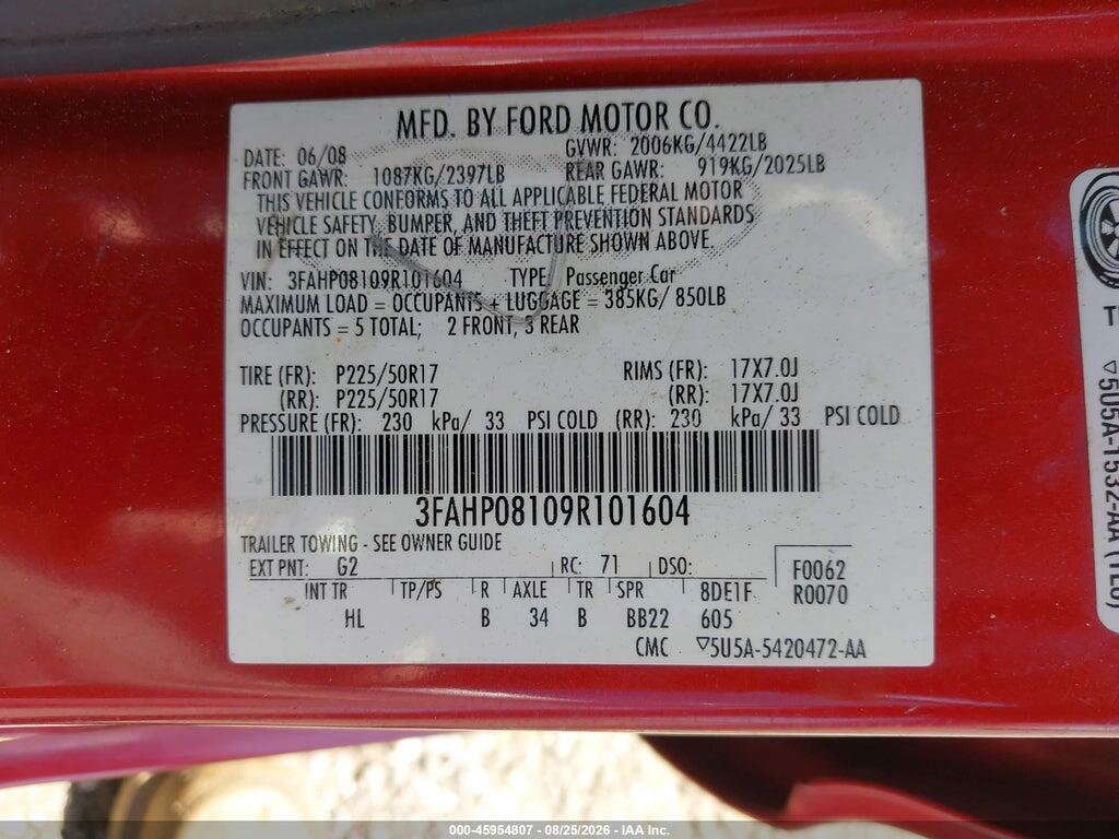 3FAHP08109R101604 2009 FORD FUSION photo no. 9