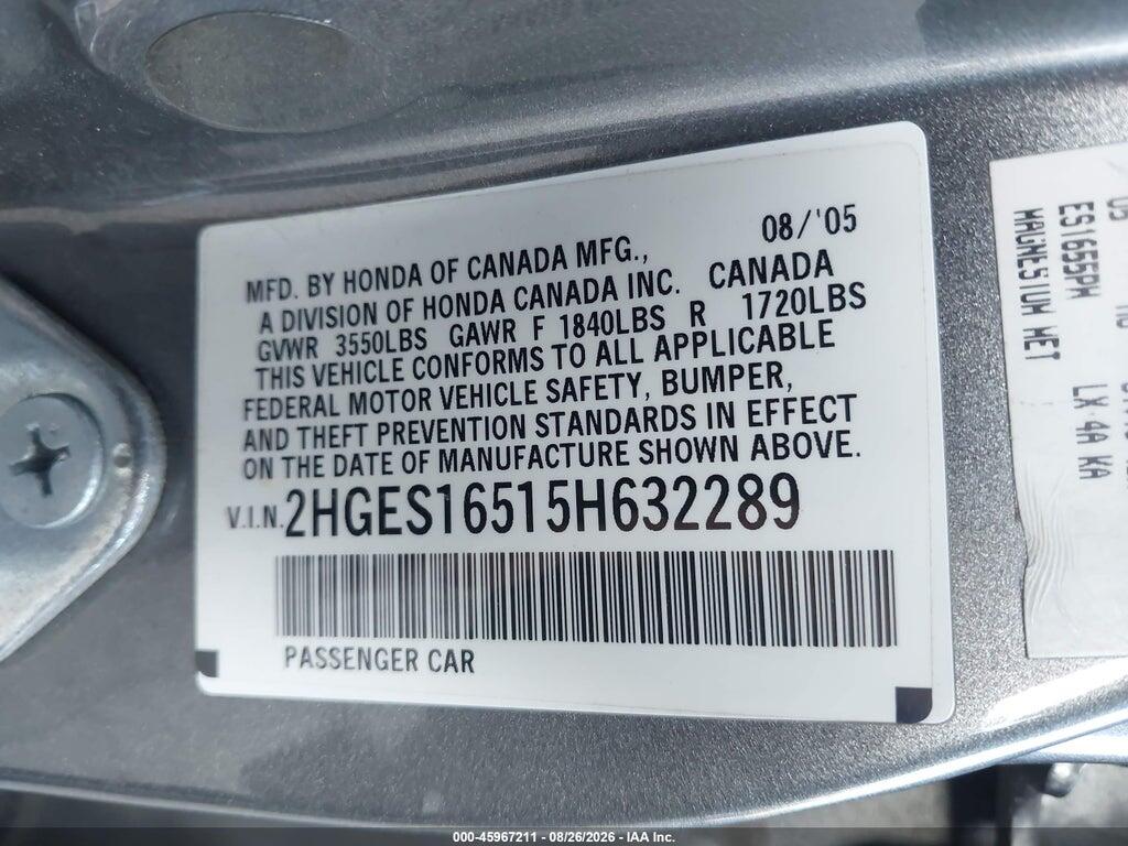 2HGES16515H632289 2005 HONDA CIVIC photo no. 9