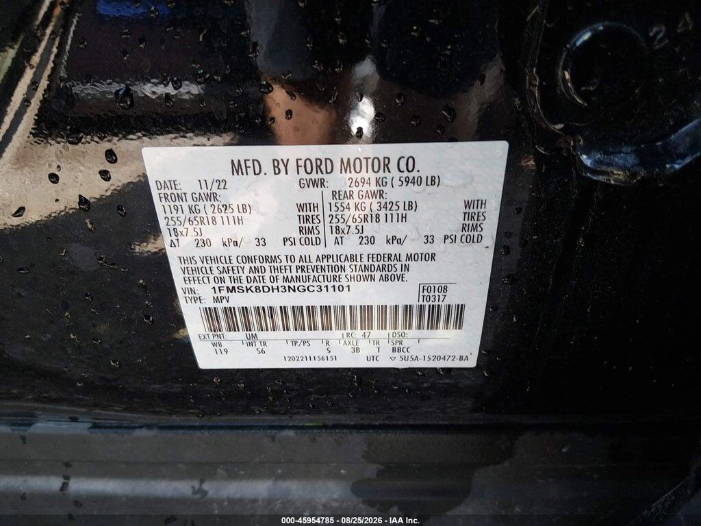 1FMSK8DH3NGC31101 2022 FORD EXPLORER photo no. 9