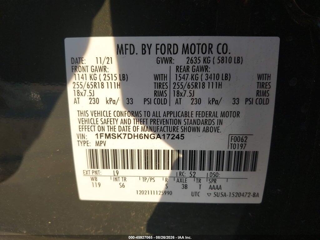 1FMSK7DH6NGA17245 2022 FORD EXPLORER photo no. 9