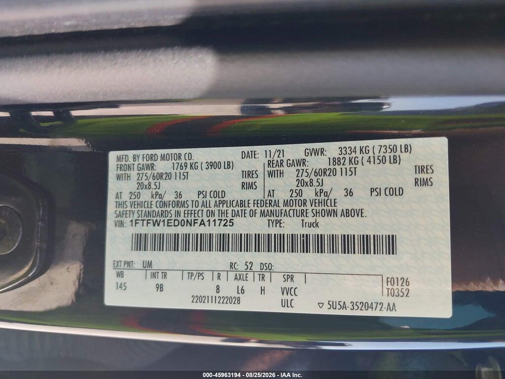 1FTFW1ED0NFA11725 2022 FORD F-150 photo no. 9