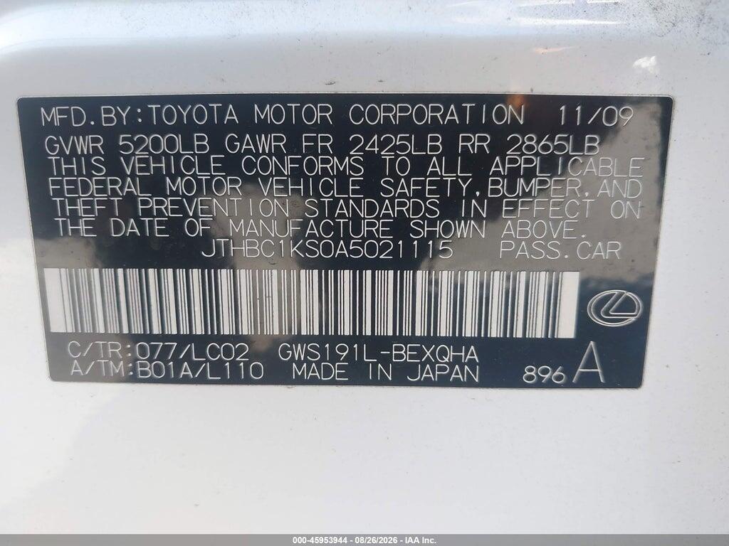 JTHBC1KS0A5021115 2010 LEXUS GS 450H photo no. 9