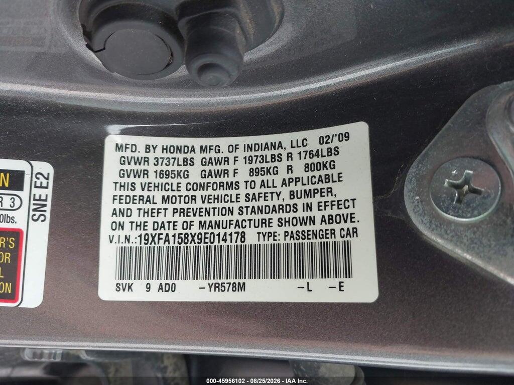 19XFA158X9E014178 2009 HONDA CIVIC photo no. 9