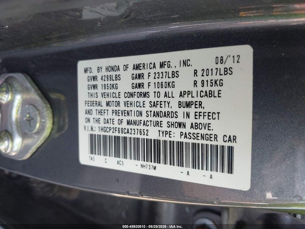 1HGCP2F69CA237652 2012 HONDA ACCORD photo no. 9
