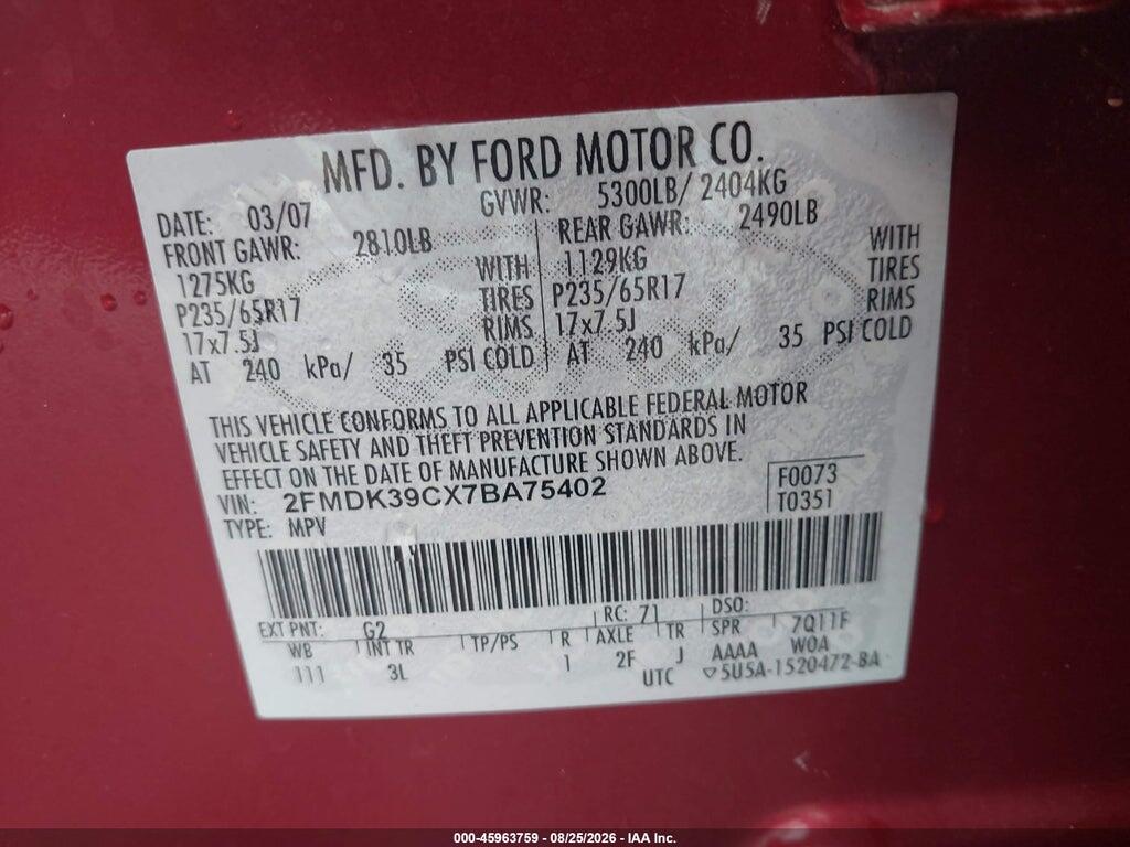 2FMDK39CX7BA75402 2007 FORD EDGE photo no. 9