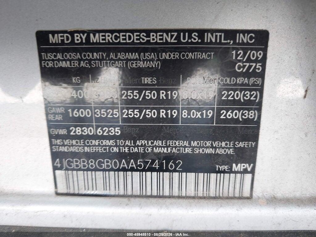 4JGBB8GB0AA574162 2010 MERCEDES-BENZ ML 350 photo no. 9