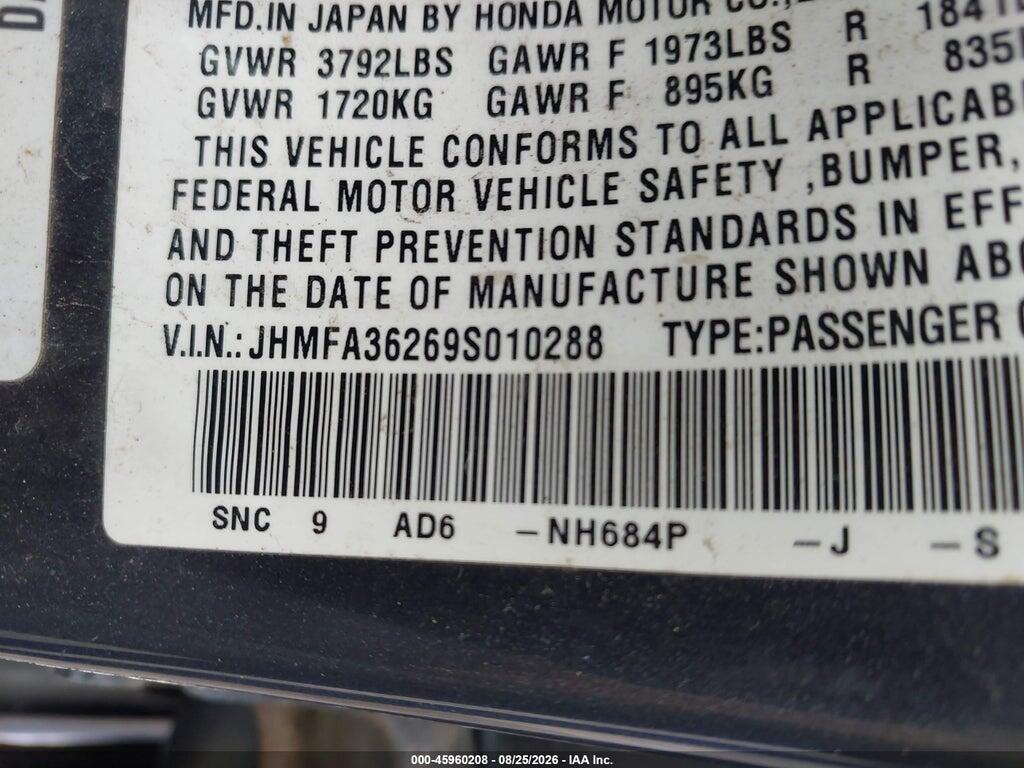 JHMFA36269S010288 2009 HONDA CIVIC HYBRID photo no. 9