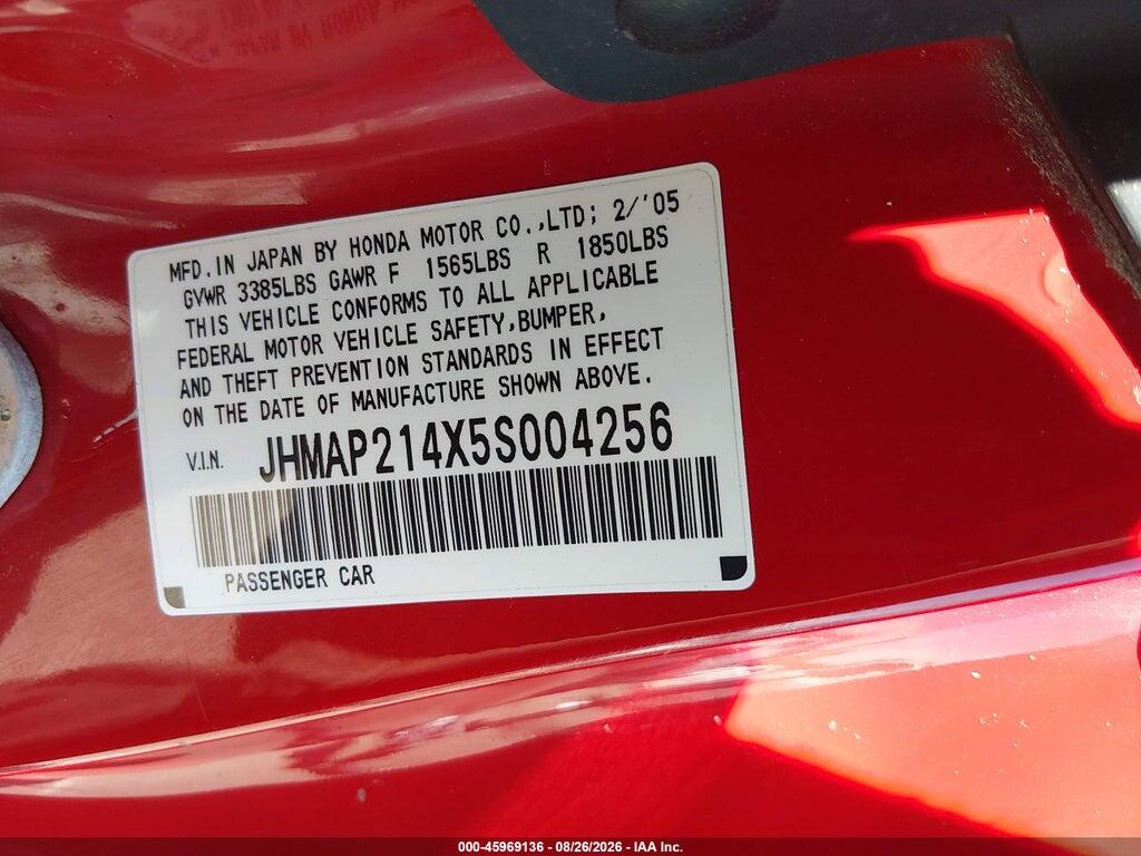 JHMAP214X5S004256 2005 HONDA S2000 photo no. 9