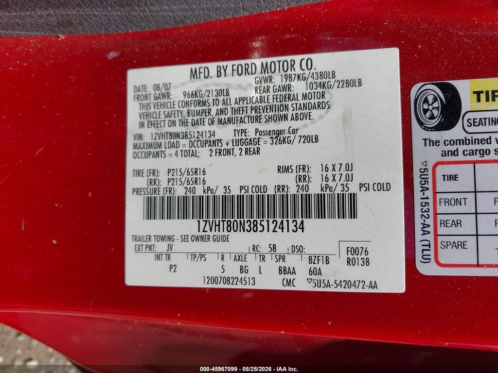 1ZVHT80N385124134 2008 FORD MUSTANG photo no. 9