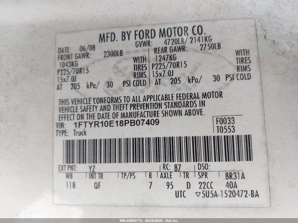 1FTYR10E18PB07409 2008 FORD RANGER photo no. 9