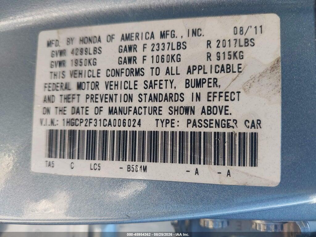 1HGCP2F31CA006024 2012 HONDA ACCORD SDN photo no. 9