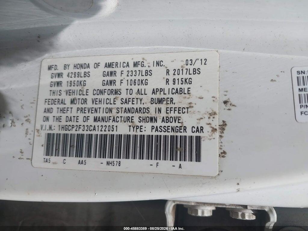 1HGCP2F33CA122051 2012 HONDA ACCORD SDN photo no. 9