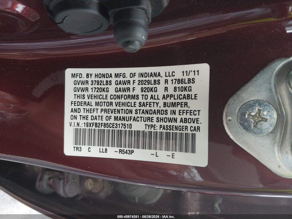 19XFB2F85CE317510 2012 HONDA CIVIC photo no. 9