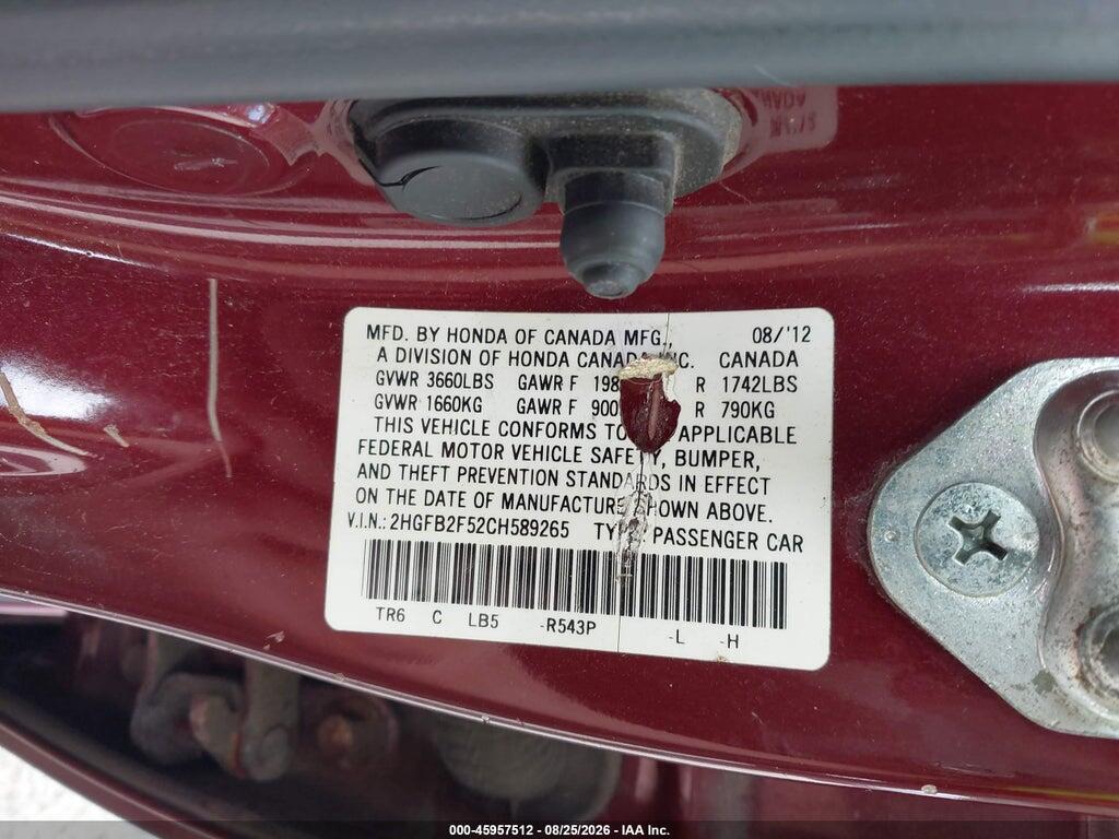 2HGFB2F52CH589265 2012 HONDA CIVIC photo no. 9
