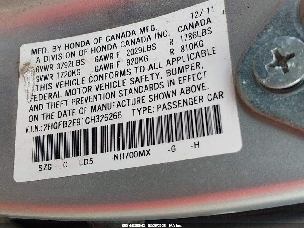 2HGFB2F91CH326266 2012 HONDA CIVIC photo no. 9