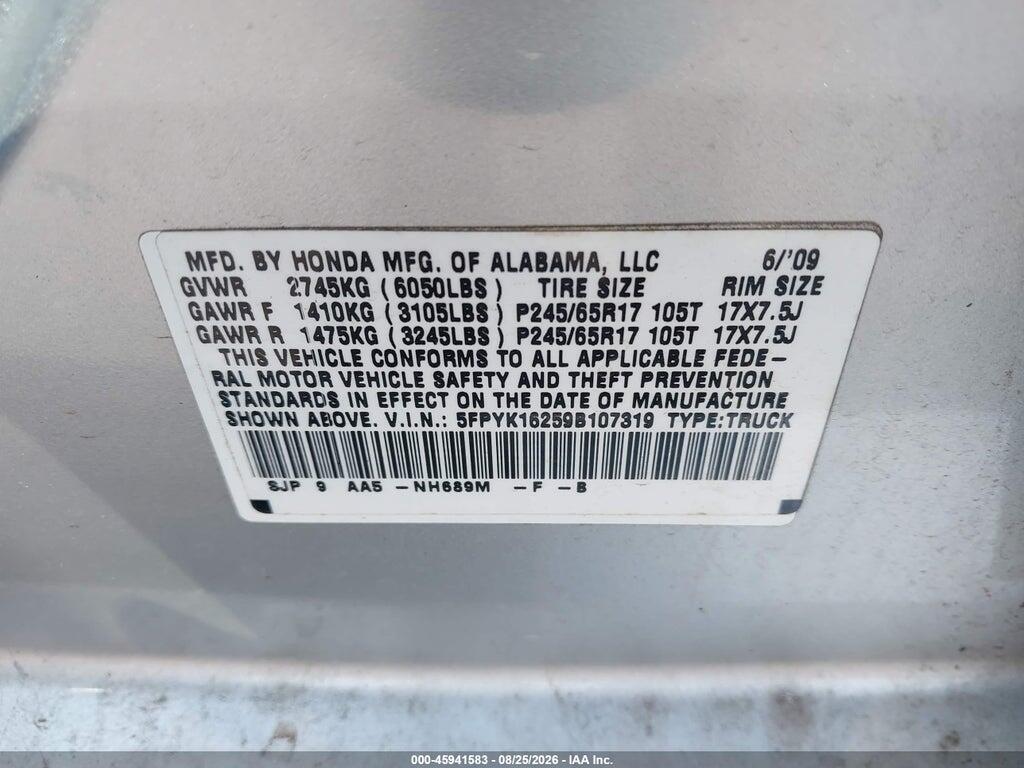 5FPYK16259B107319 2009 HONDA RIDGELINE photo no. 9