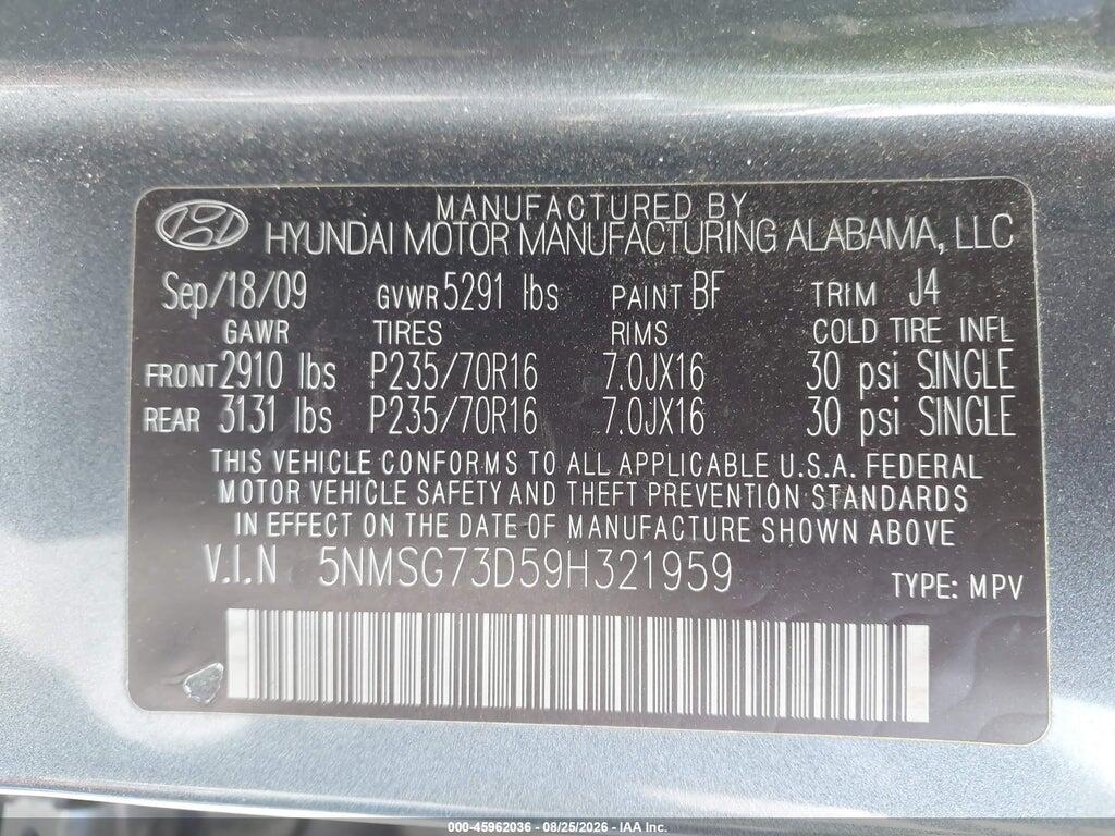 5NMSG73D59H321959 2009 HYUNDAI SANTA FE photo no. 9
