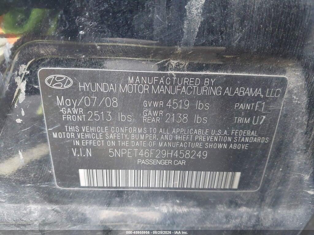 5NPET46F29H458249 2009 HYUNDAI SONATA photo no. 9