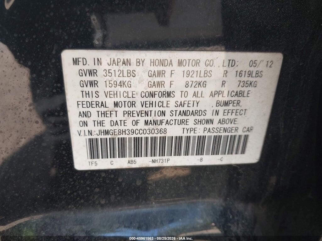 JHMGE8H39CC034368 2012 HONDA FIT photo no. 9