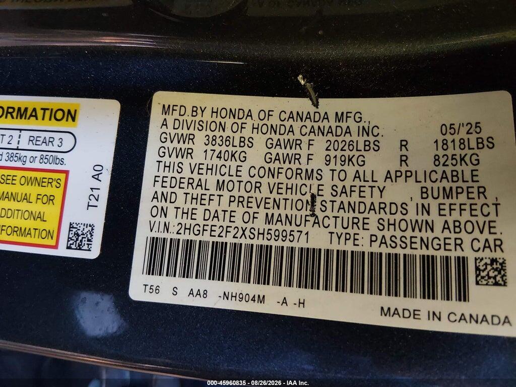 2HGFE2F2XSH599571 2025 HONDA CIVIC photo no. 9