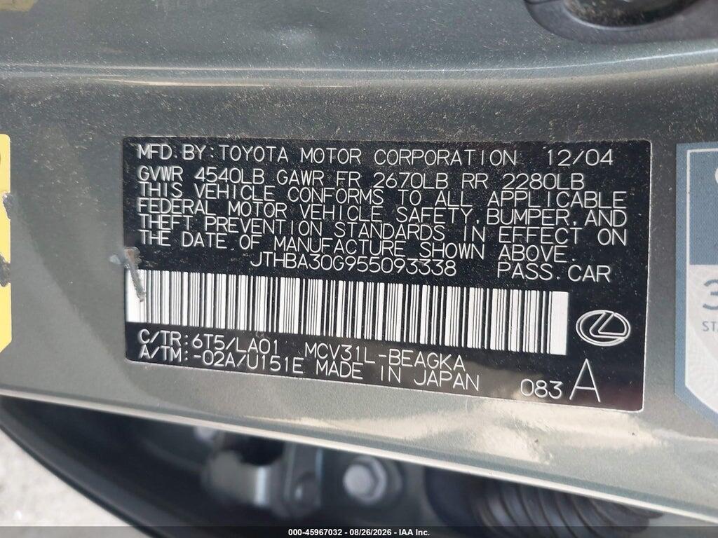 JTHBA30G955093338 2005 LEXUS ES 330 photo no. 9