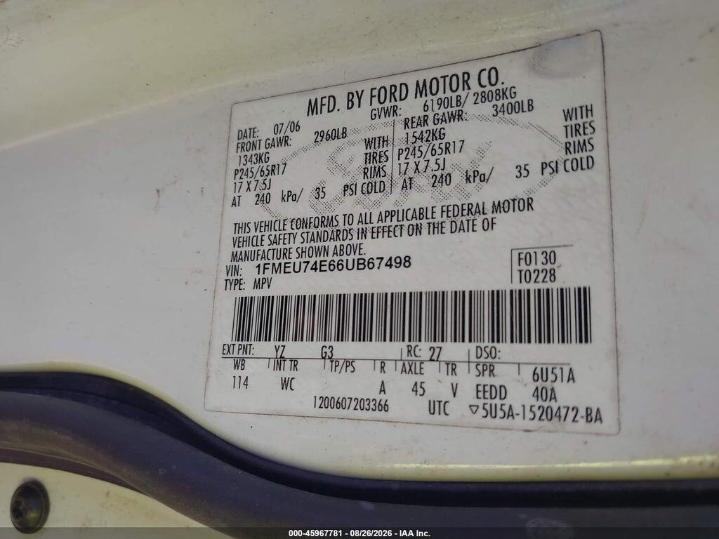 1FMEU74E66UB67498 2006 FORD EXPLORER photo no. 9