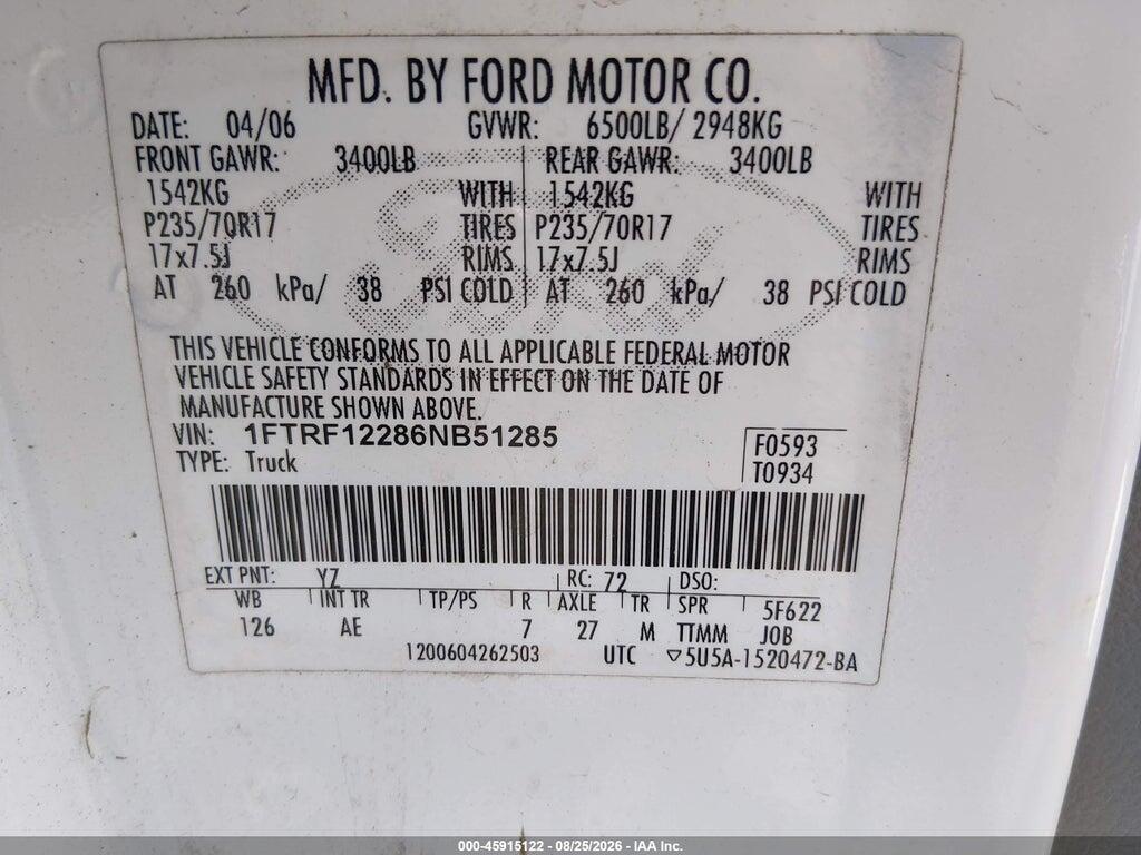 1FTRF12286NB51285 2006 FORD F-150 photo no. 9