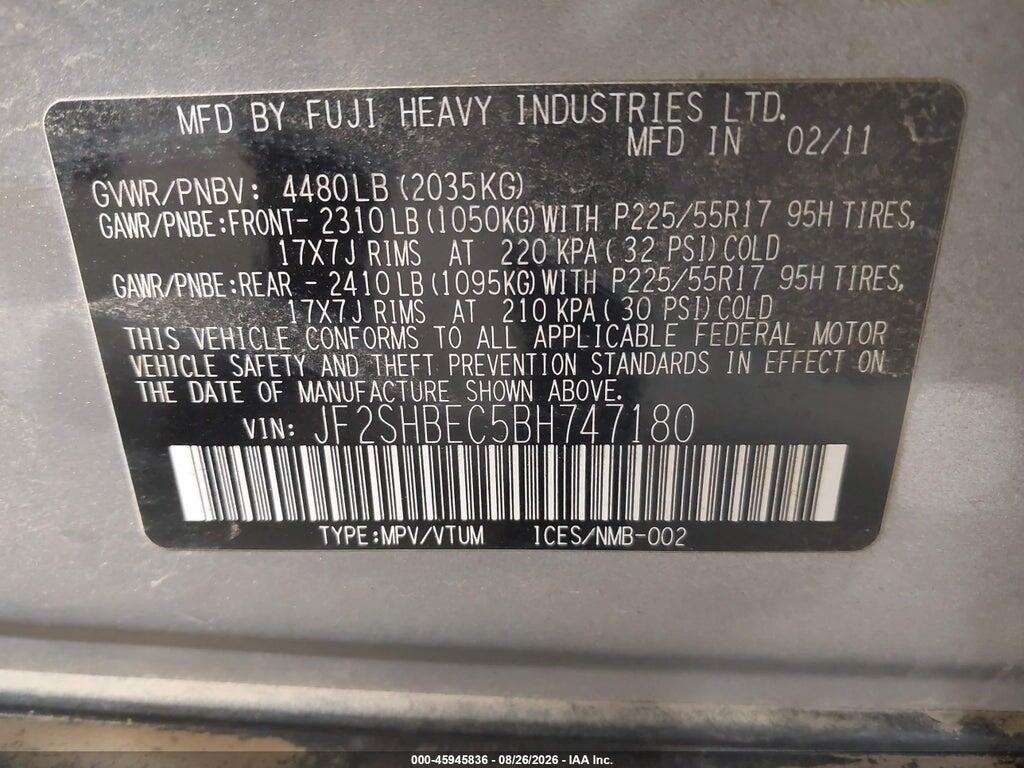 JF2SHBEC5BH747180 2011 SUBARU FORESTER photo no. 9