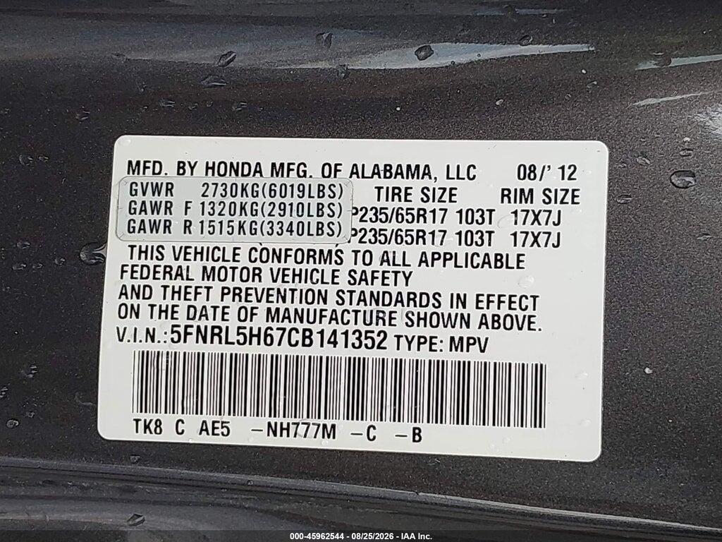 5FNRL5H67CB141352 2012 HONDA ODYSSEY photo no. 9