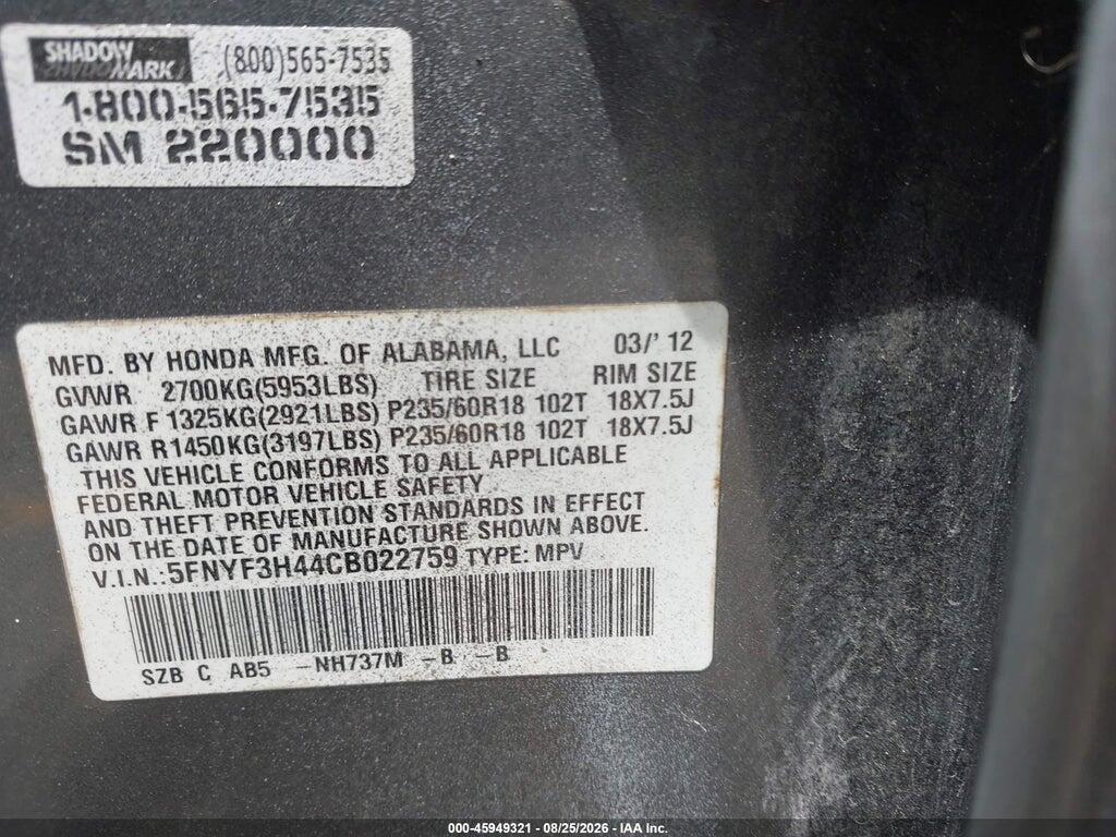 5FNYF3H44CB022759 2012 HONDA PILOT photo no. 9