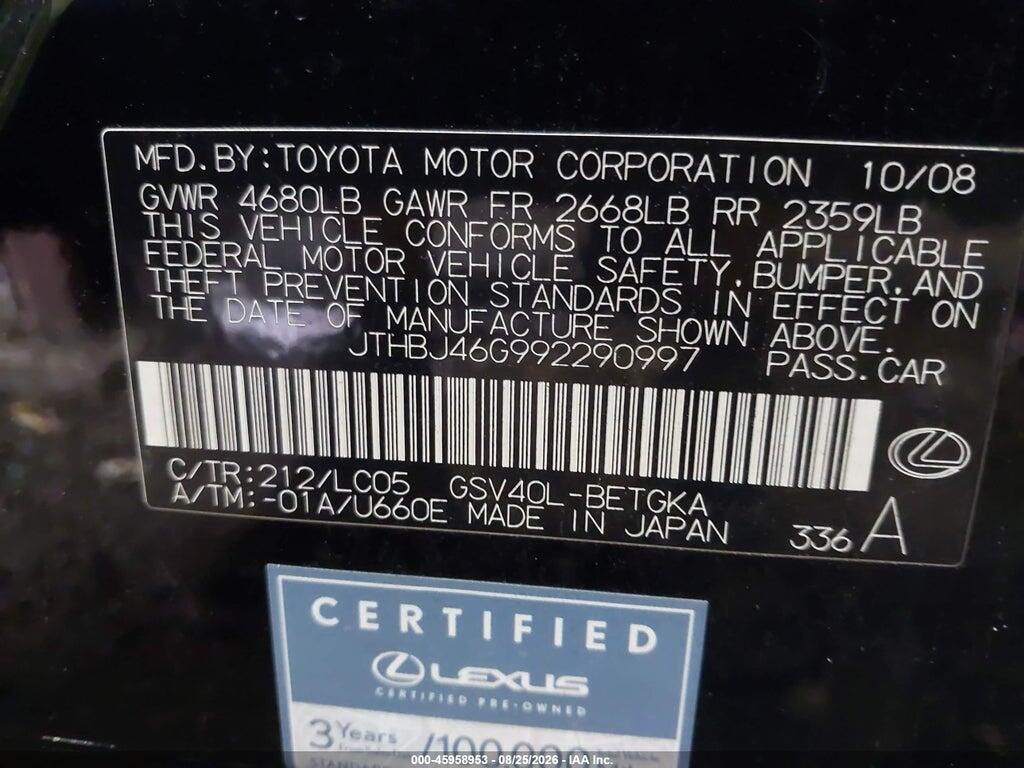 JTHBJ46G992290997 2009 LEXUS ES 350 photo no. 9